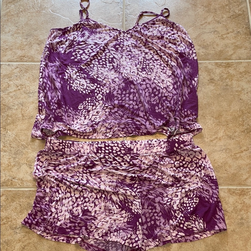 J Lo purple tank and shorts pajamas.